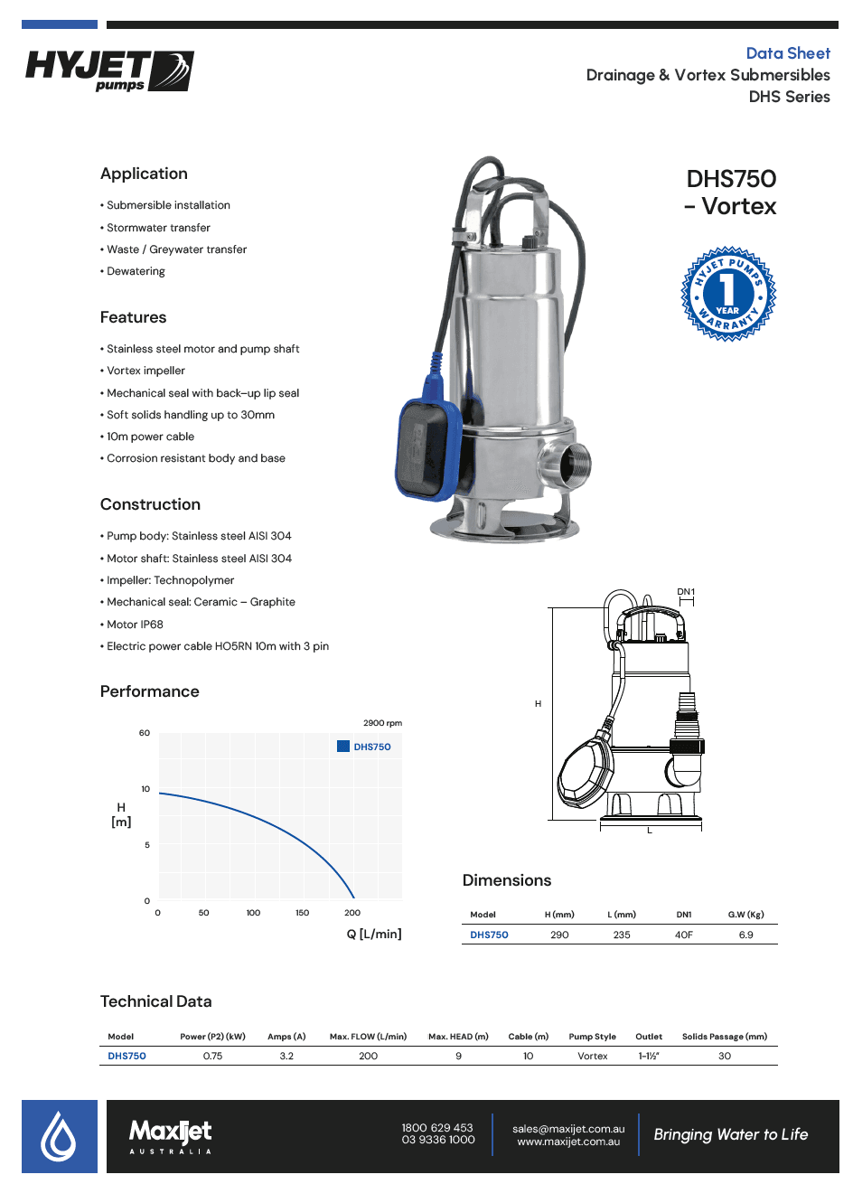 Hyjet DHS750 Vortex Submersible Pump