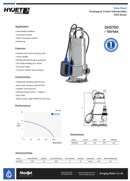 Hyjet DHS750 Vortex Submersible Pump