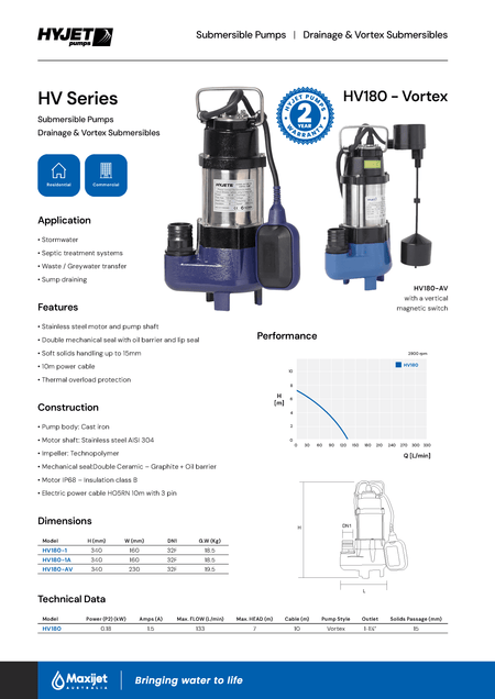 Hyjet HV180 Cast Iron Vortex Submersible Pump