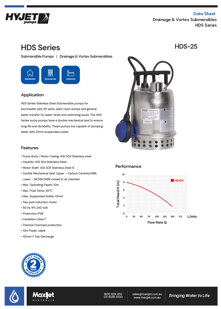 Hyjet HDS25-AV Stainless Steel Submersible Drainage Pump