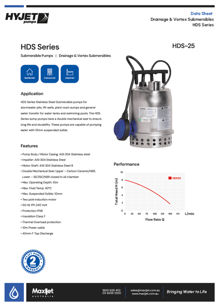 Hyjet HDS110-AV Stainless Steel Submersible Drainage Pump