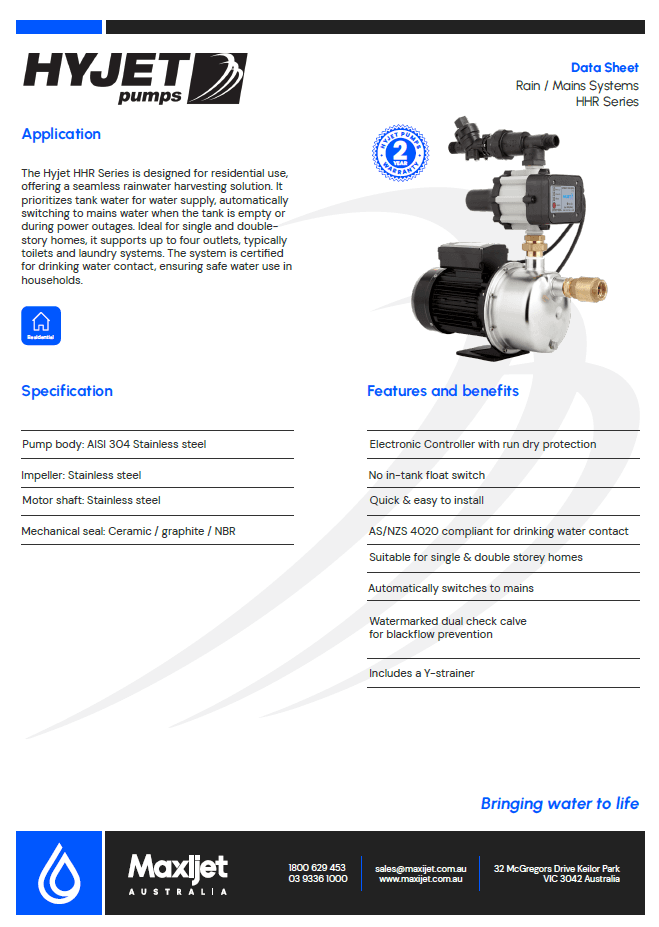 Hyjet HHR400 Rain to Mains Changeover Pump