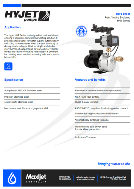 Hyjet HHR550 Rain to Mains Changeover Pump