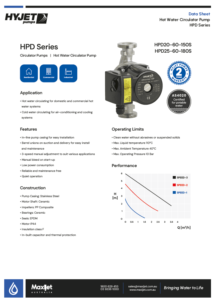 Hyjet HPD25-60-180S Hot Water Circulator Pump